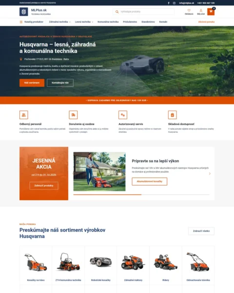 WooCommerce e-shop ML Plus s lesnou, záhradnou a komunálnou technikou